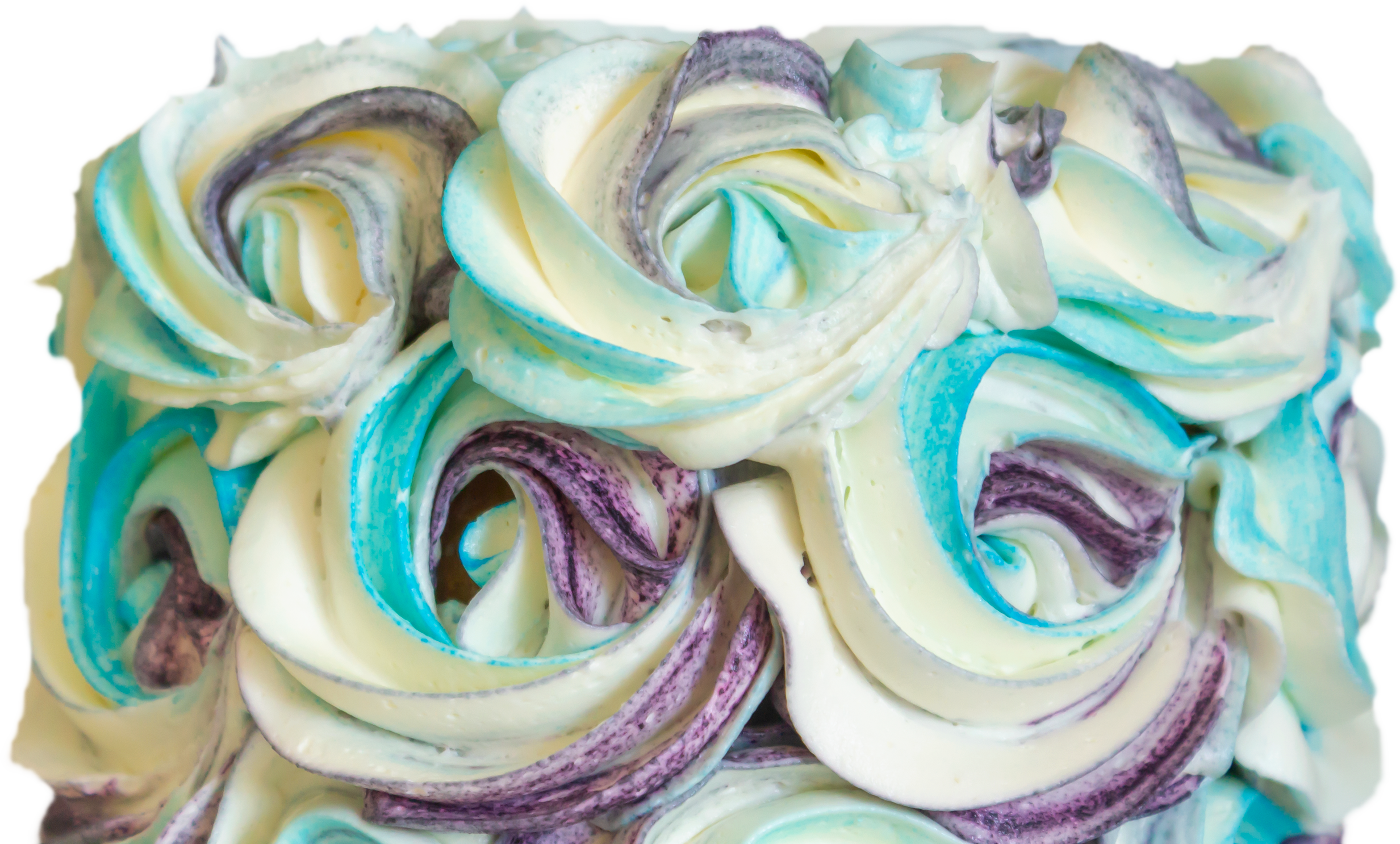 White Frosting Rosette Cake with Blue and Purple Swirls